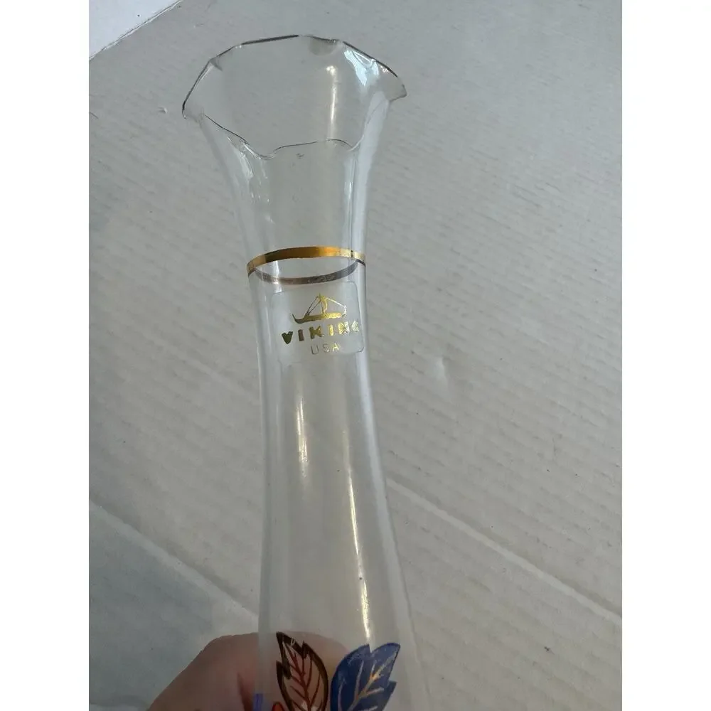 Viking Usa Vintage Glass Bud Vase With Floral Design And Gold Trim
